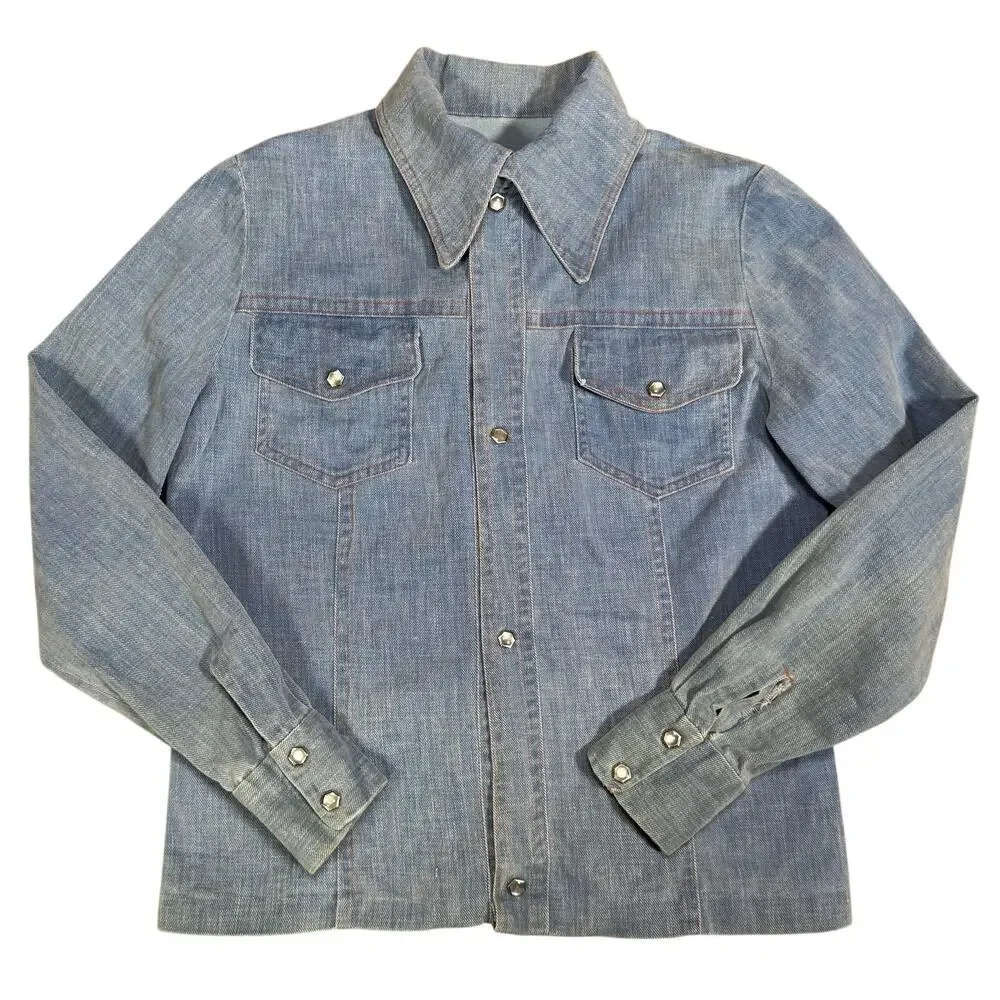 Vintage 1950s Denim Western Work Shirt Snap Button Single Stitch Ranch Faded S